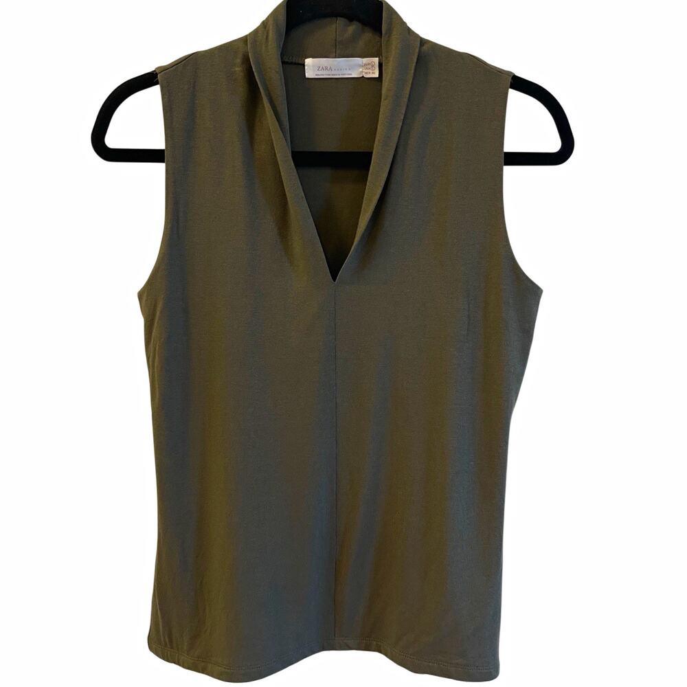 EUC Zara Basics Olive Green Sleeveless Top Deep V-Neck - Size L 9005/750/507/46